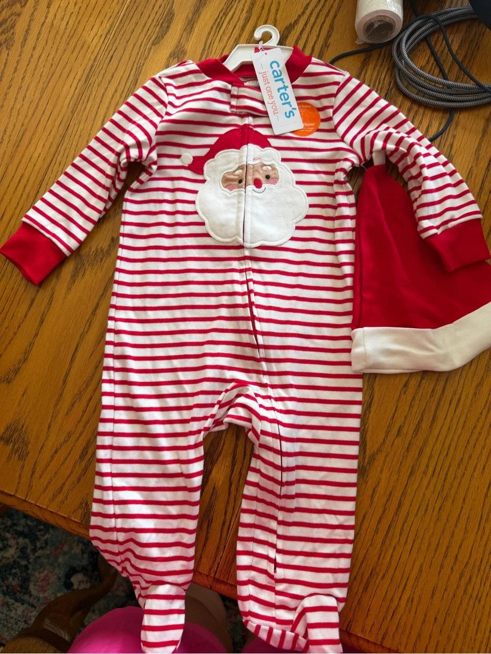 Carter's Red & White Striped Santa Footed One-Piece with Hat